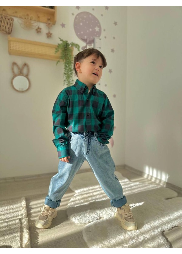 YEŞİL SİYAH KARELİ KOT PANTOLONLU TAKIM