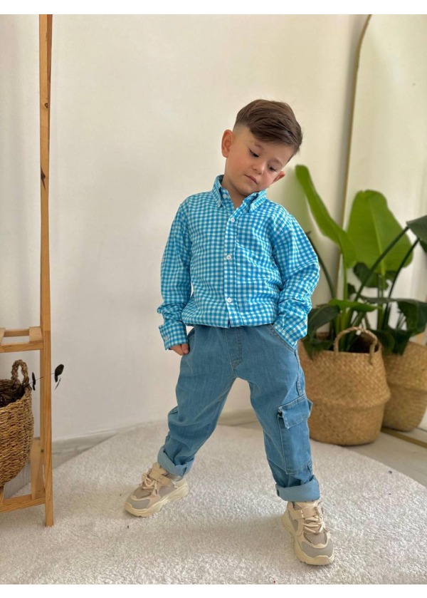 MAVİ BEYAZ PÖTİKARELİ GÖMLEK KOT PANTOLON TAKIM