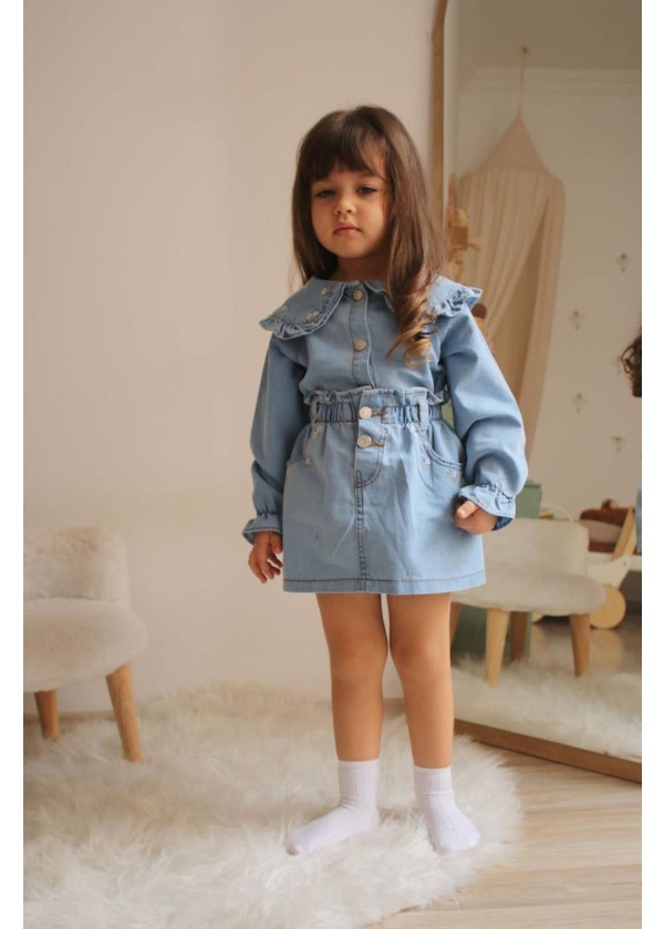 MAVİ ÇİÇEKLİ KOT ETEKLİ TAKIM