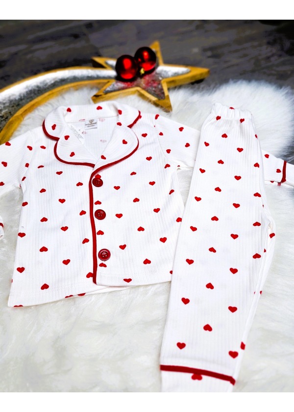 MİNİK KIRMIZI KALPLİ PAMUKLU KIZ PİJAMA TAKIMI