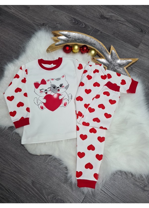 KEDİCİKLER KALPLİ PAMUKLU KIZ ÇOCUK PİJAMA TAKIMI