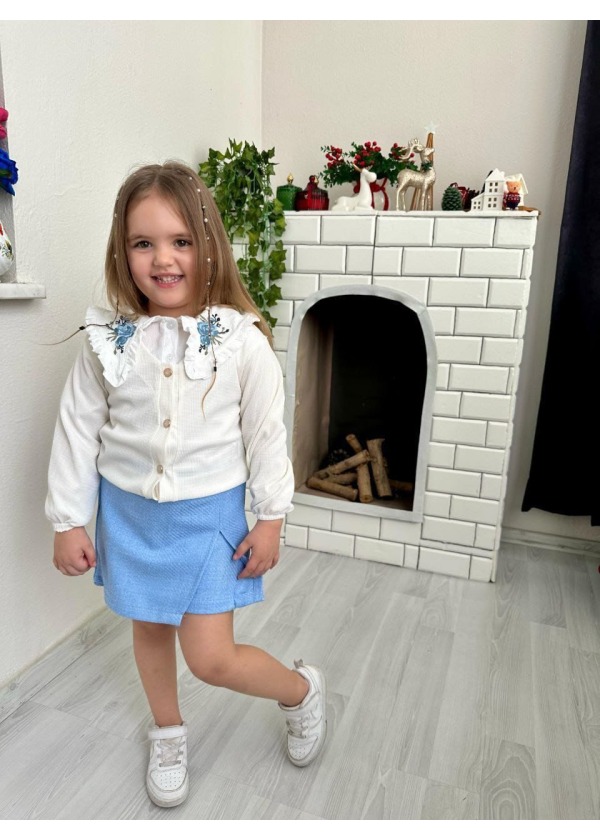 MAVİ GÜL YAKA NAKIŞLI ŞORTLU ETEKLİ 3 lü TAKIM