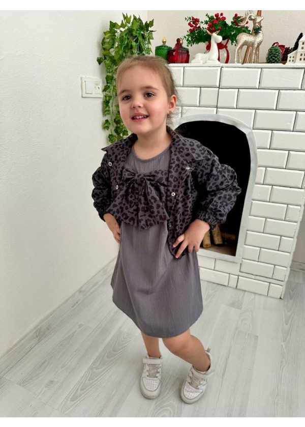 LEOPAR CEKETLİ FİYONKLU ELBİSELİ TAKIM