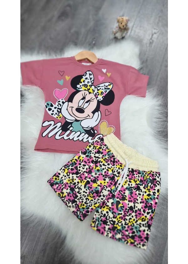 Minnie Renkli Desenli Şortlu Takım